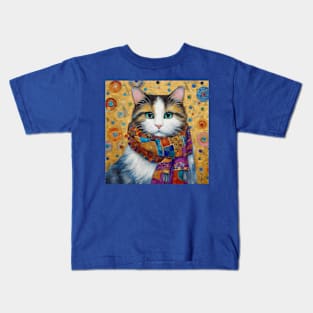 Gustav Klimt Style Calico Cat with Colorful Scarf Kids T-Shirt